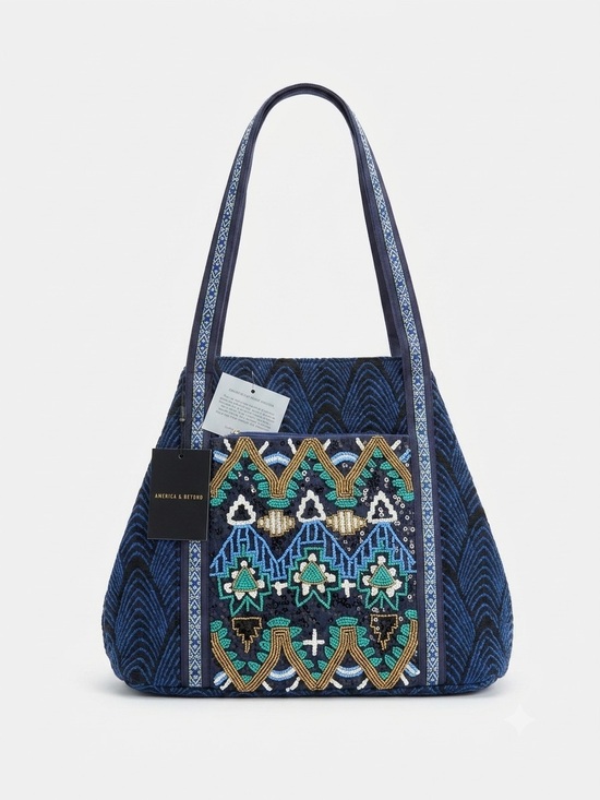 America & Beyond Handbags - America & Beyond Beaded Boho ToteBag NWT Embroidered Chevron Indie Sleaze Sequin